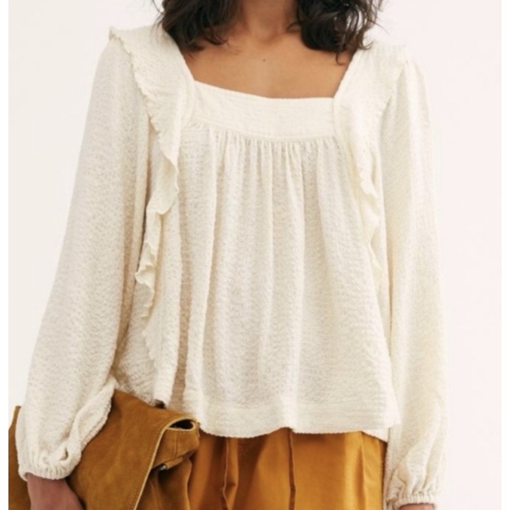 Free People Bonny Blouse L Cream Square Neck Ruffle Boho Peasant Coquette‎ Top
